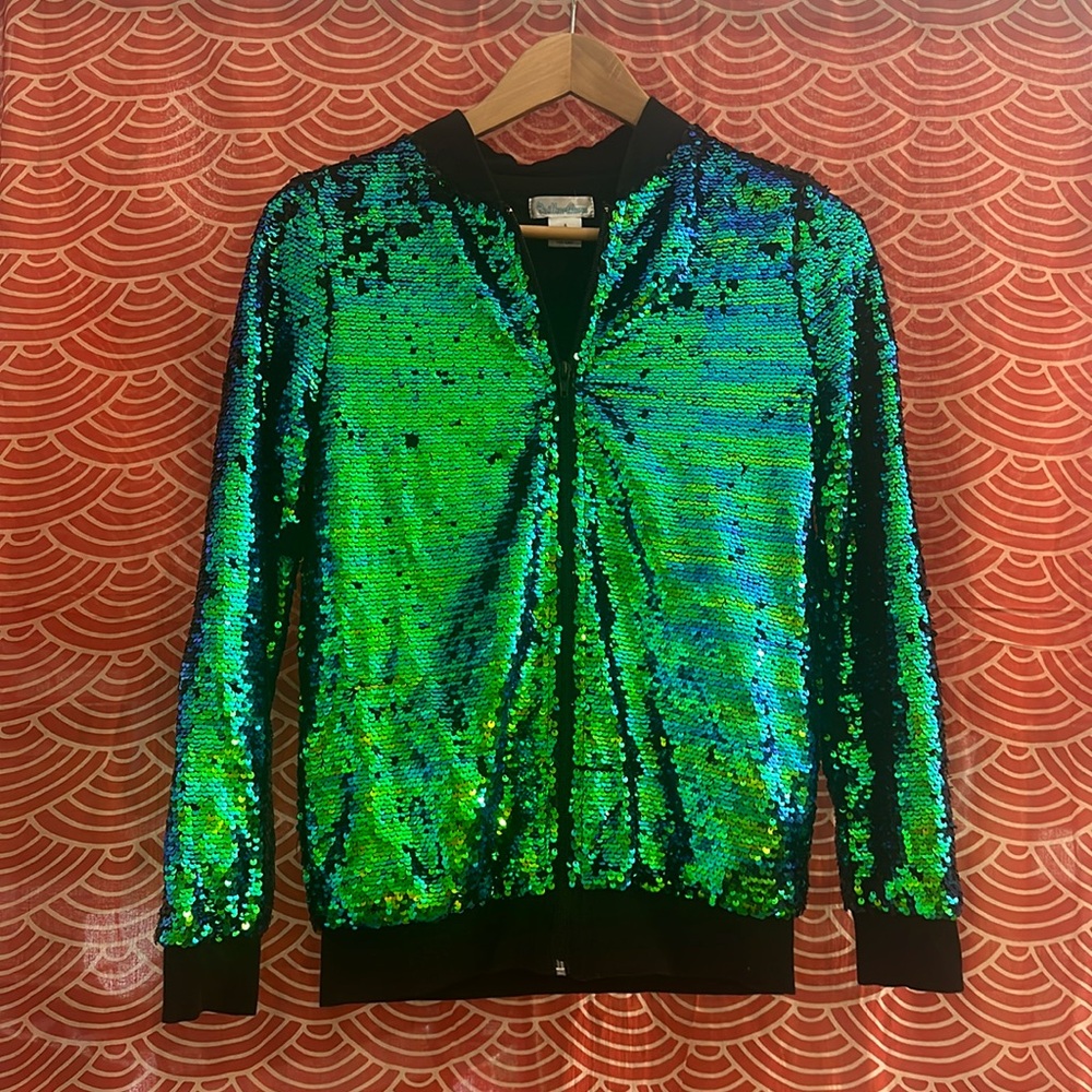 I HEART RAVES GREEN SEQUIN SHIMMER COSPLAY TRACK JACKET ZIP UP FESTIVAL SMALL